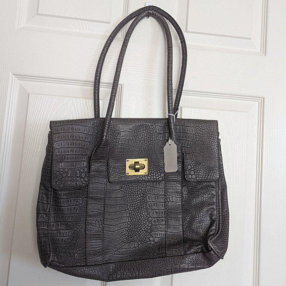 Bueno gray laptop tote bag satchel - textured croc alligator gator snake print